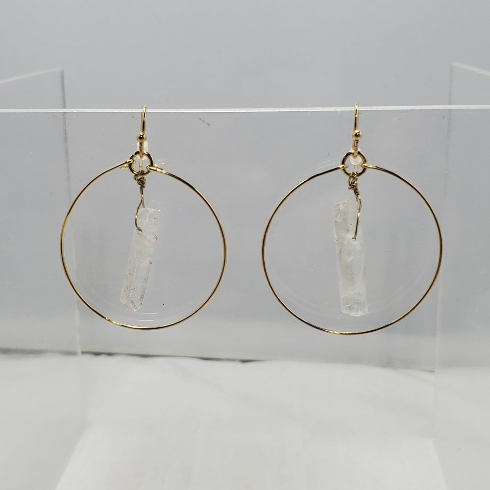 Charming Charlie clear aura quartz point gold hoop fish hook earring
